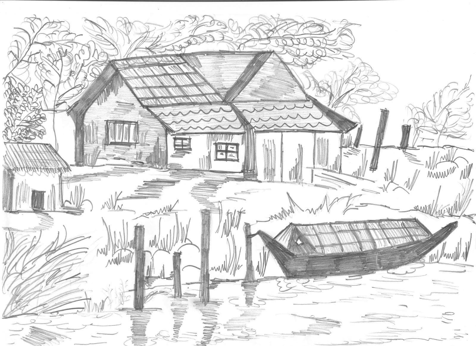 Рисунок деревни карандашом для срисовки